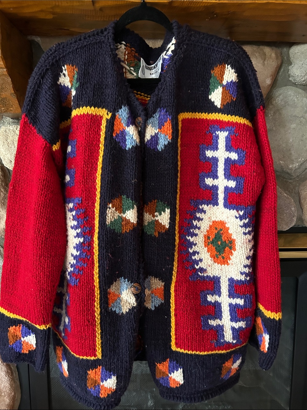 NATIVA Ecuador-Incas Hand-knitted Tribal Print Chunky Wool Cardigan, Oversized